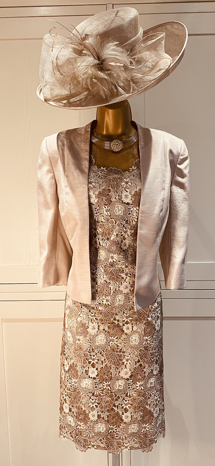 Jacques Vert Oyster Lace Overlay Dress UK 10 & Shantung Edge To Edge Jacket 12