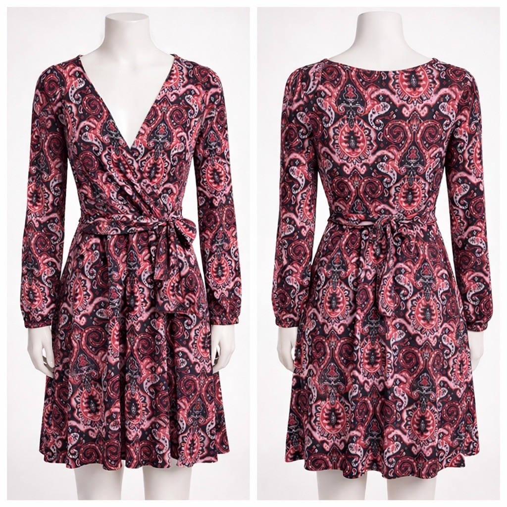Maeve Anthropologie Paisley Lurex Faux Wrap Mini Dress Red Purple XS Long Sleeve