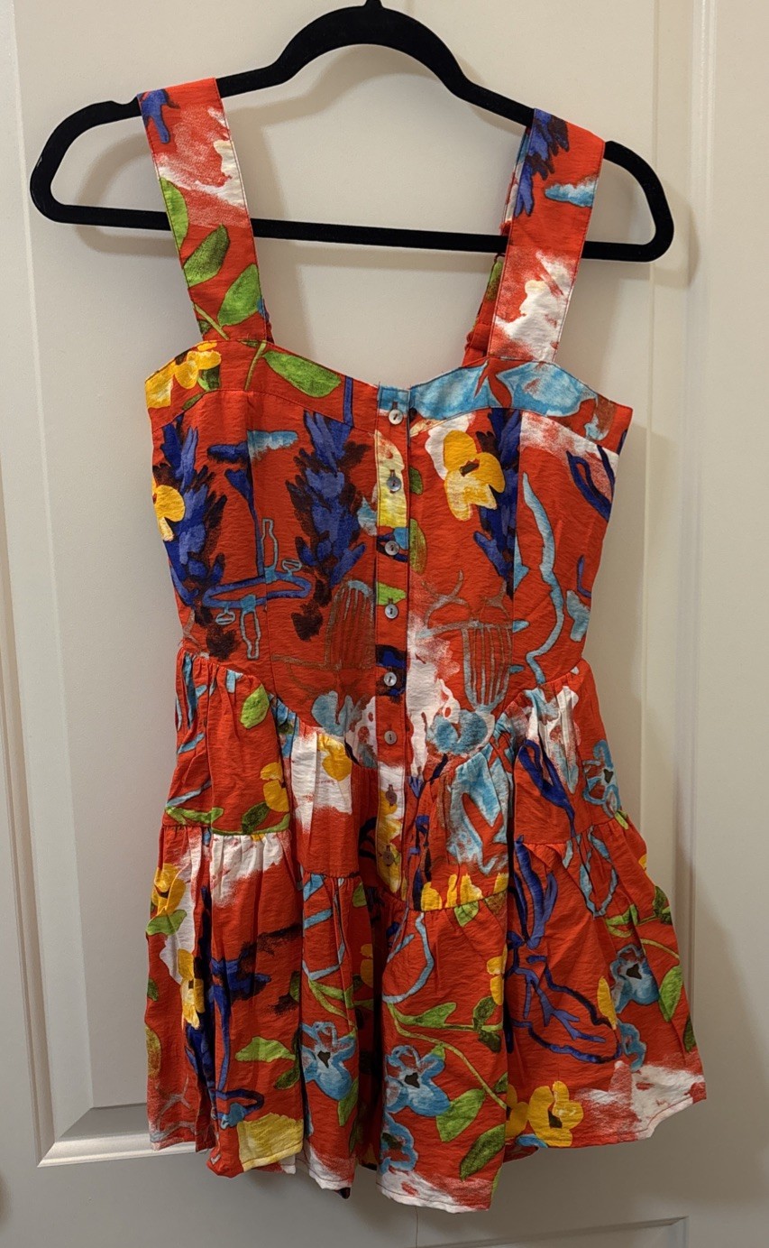 VICI Sleeveless Tiered Mini Dress Red Orange Adj Straps Floral size XS NEW