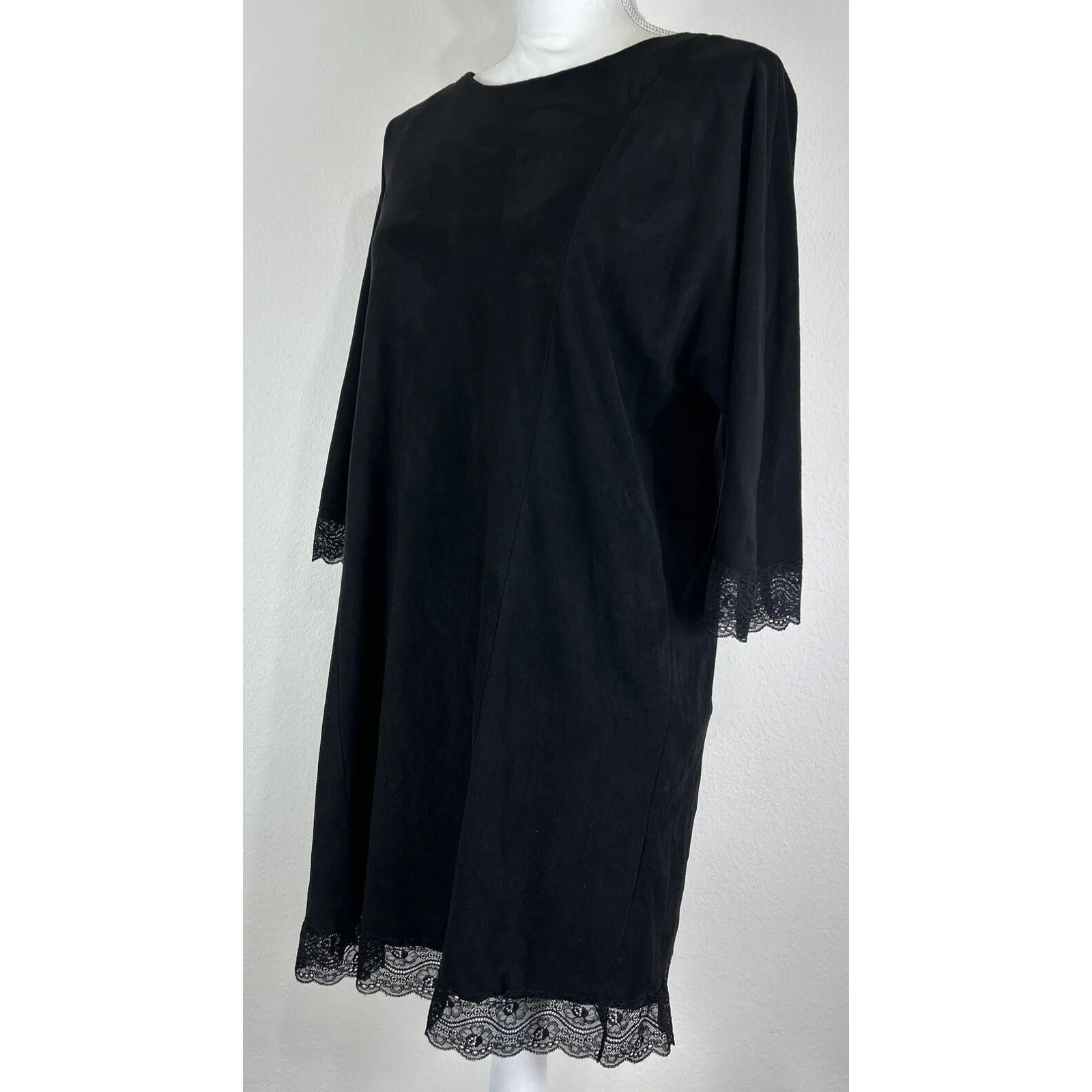Zara Faux Suede Combined Lace Shift Dress Mini Black LBD Tunic Size Medium