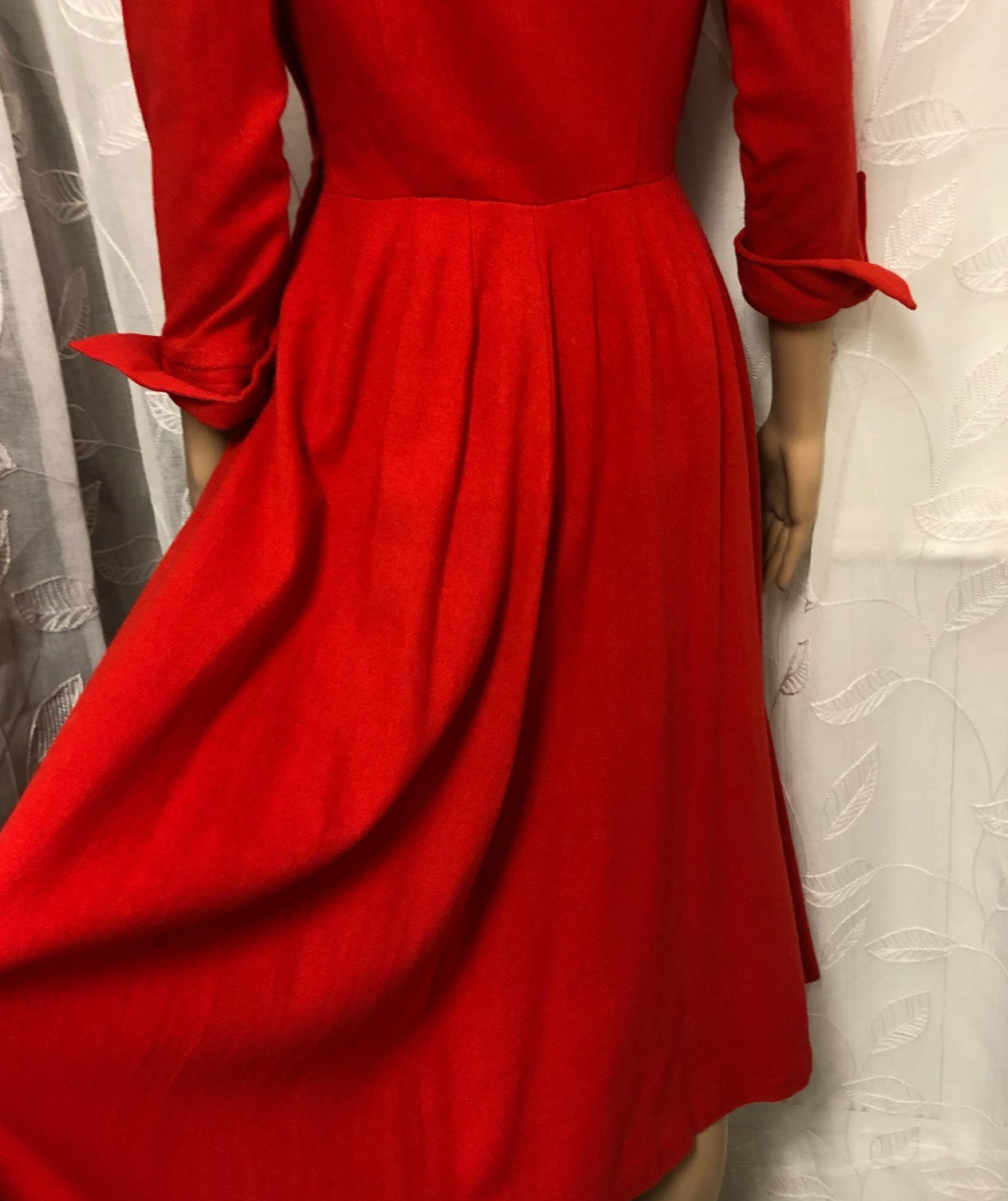 authentic 1930’s Fit & Flare Wool Dress Sz S Covered Buttons 3/4 Sleeve
