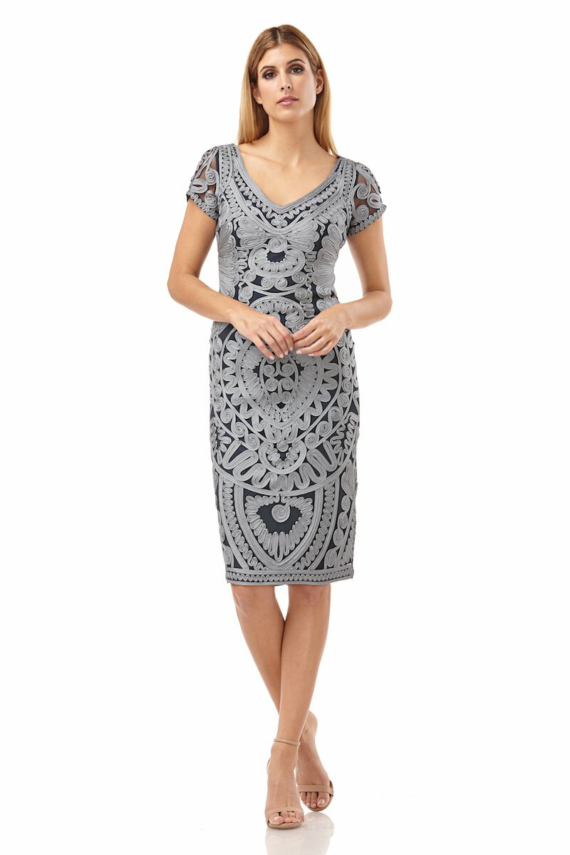 JS COLLECTIONS Navy Blue Cloud Ornate Soutache Ribbon Lace V-Neck Dress 2 = XS