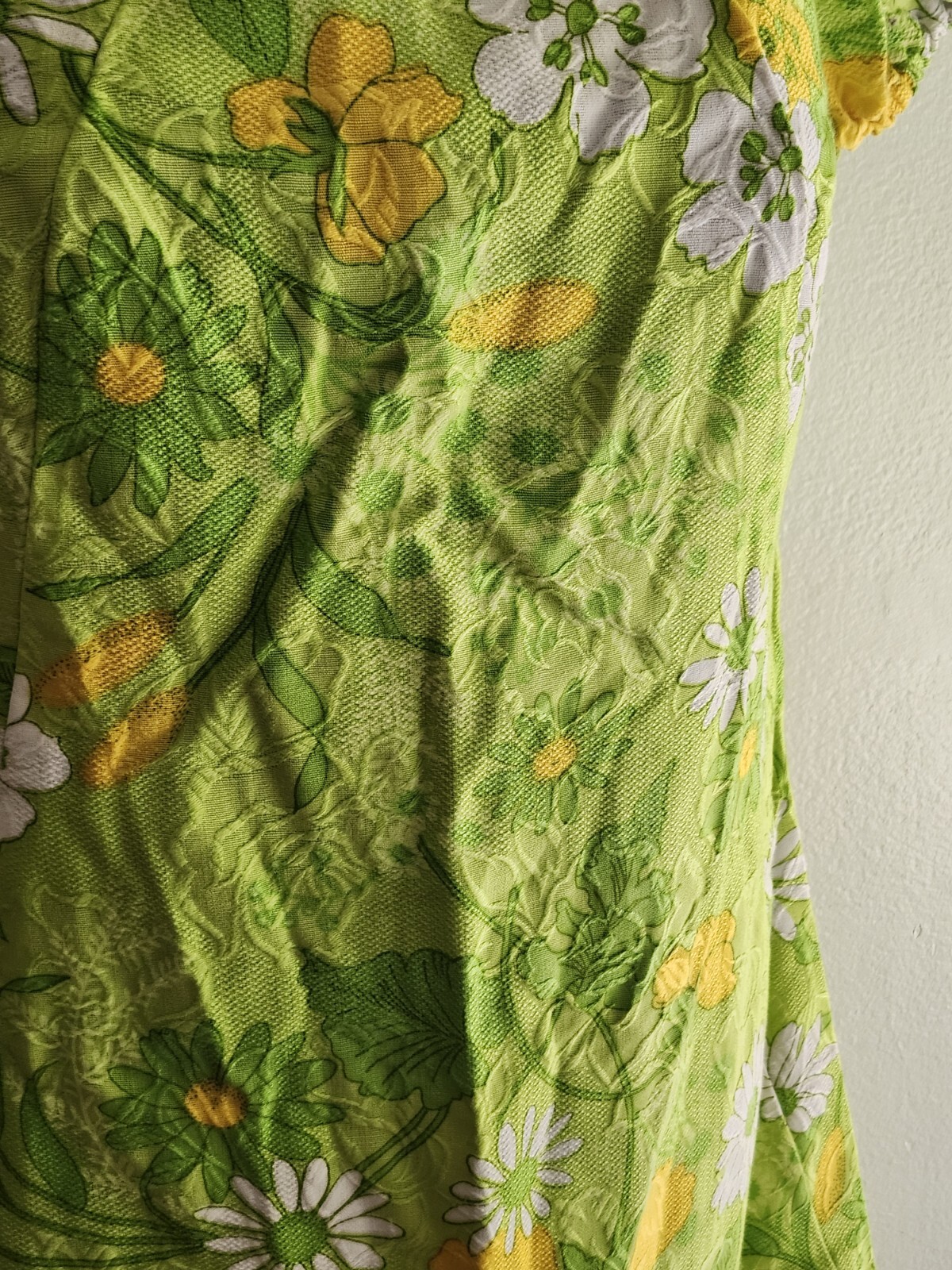 Vintage 60s Handmade Retro Twiggy Green/Yellow Flower Power Women’s Mini Dress S