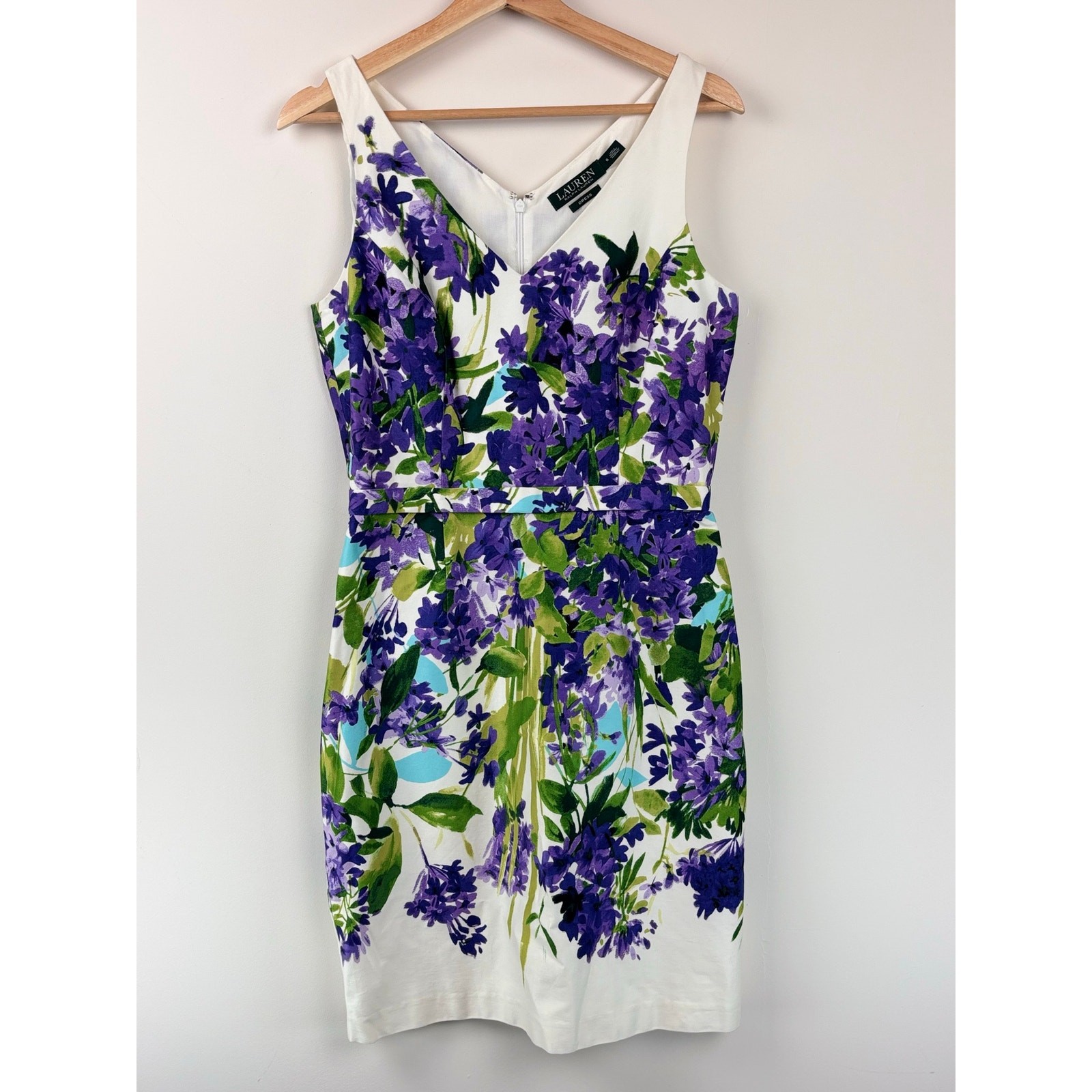 Lauren Ralph Lauren Floral Dress Women’s 6 White Purple Green V-Neck Sleeveless