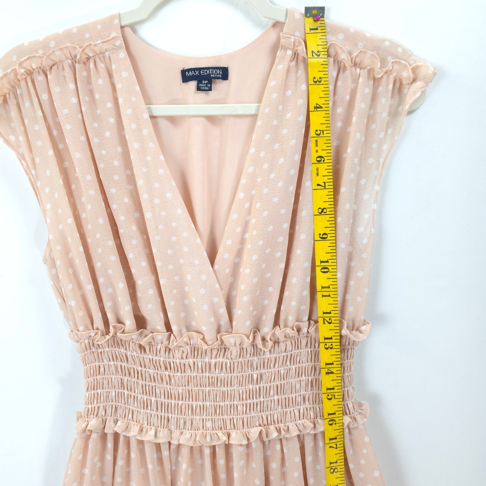 Max Edition Petite Polka Dot Dress Peach Smocked Waist Fit Flare S Feminine Chic