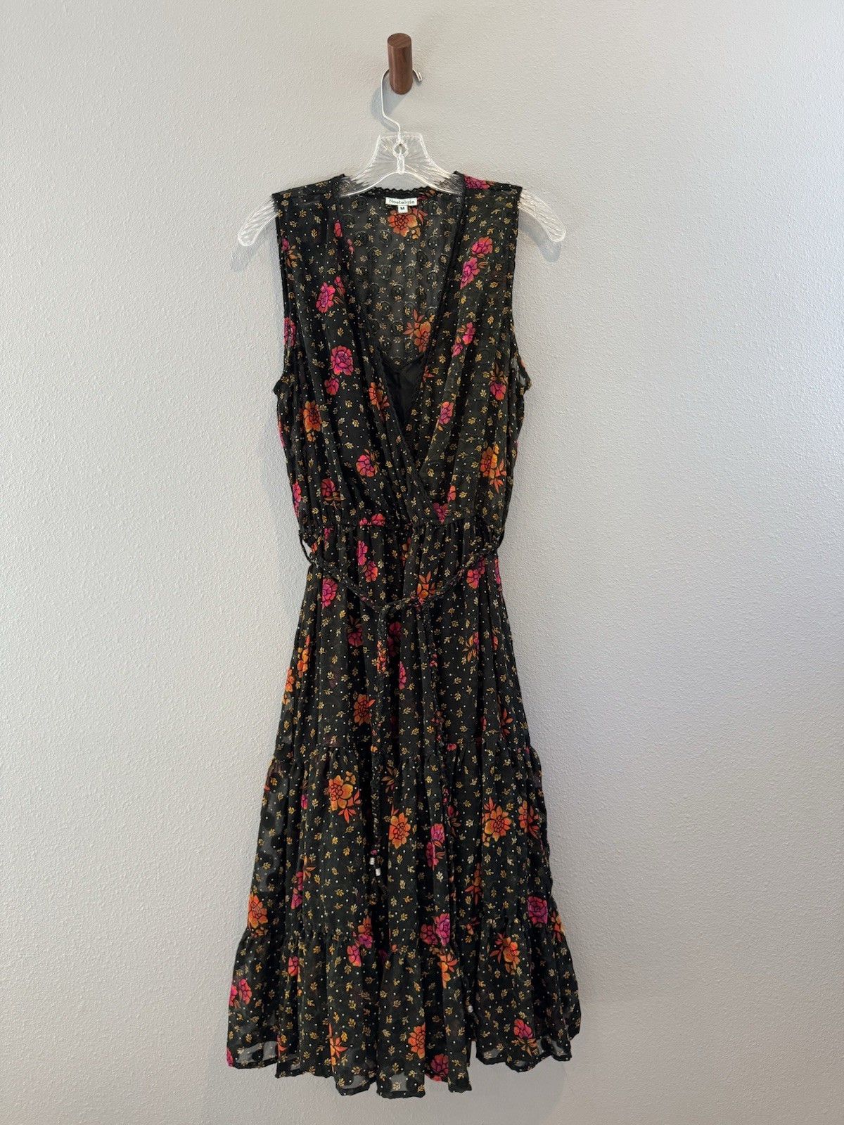 Nostalgia Medium Black Orange Pink Knee Length Dress with slip liner, Boho