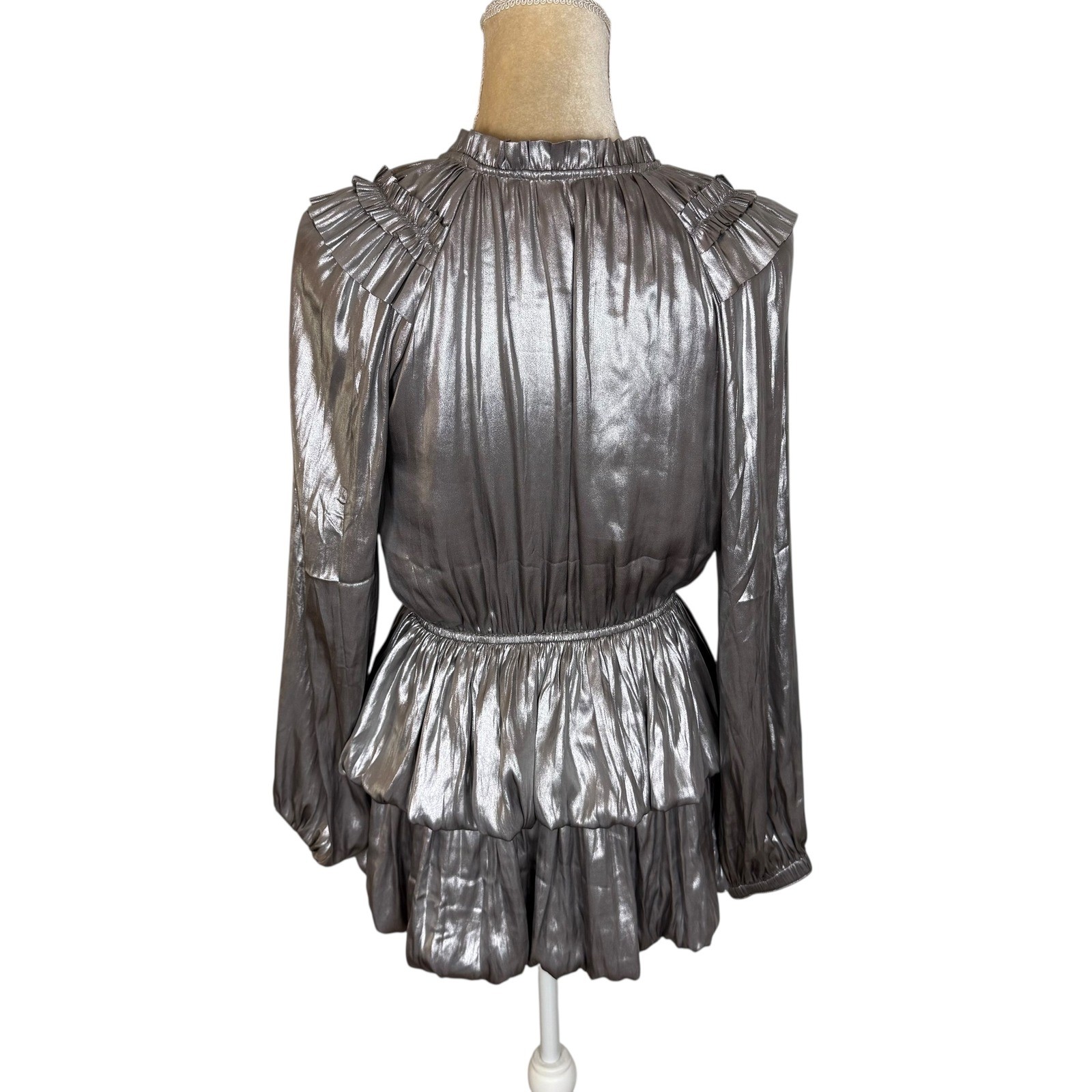 Current Air Los Angeles Silver Metallic Long Sleeve Ruffle Tiered Mini Dress XS