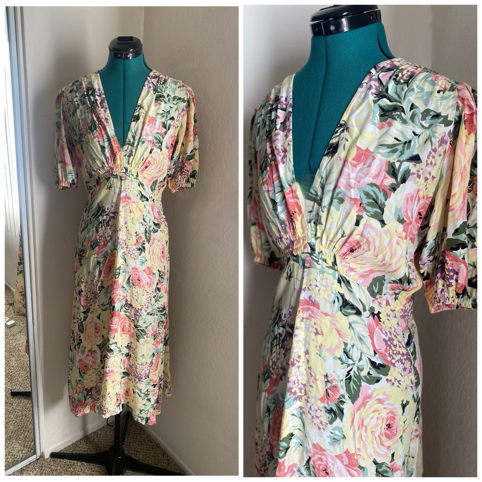 Faithfull the Brand Pastel Floral V‑Neck Midi Dress Size S