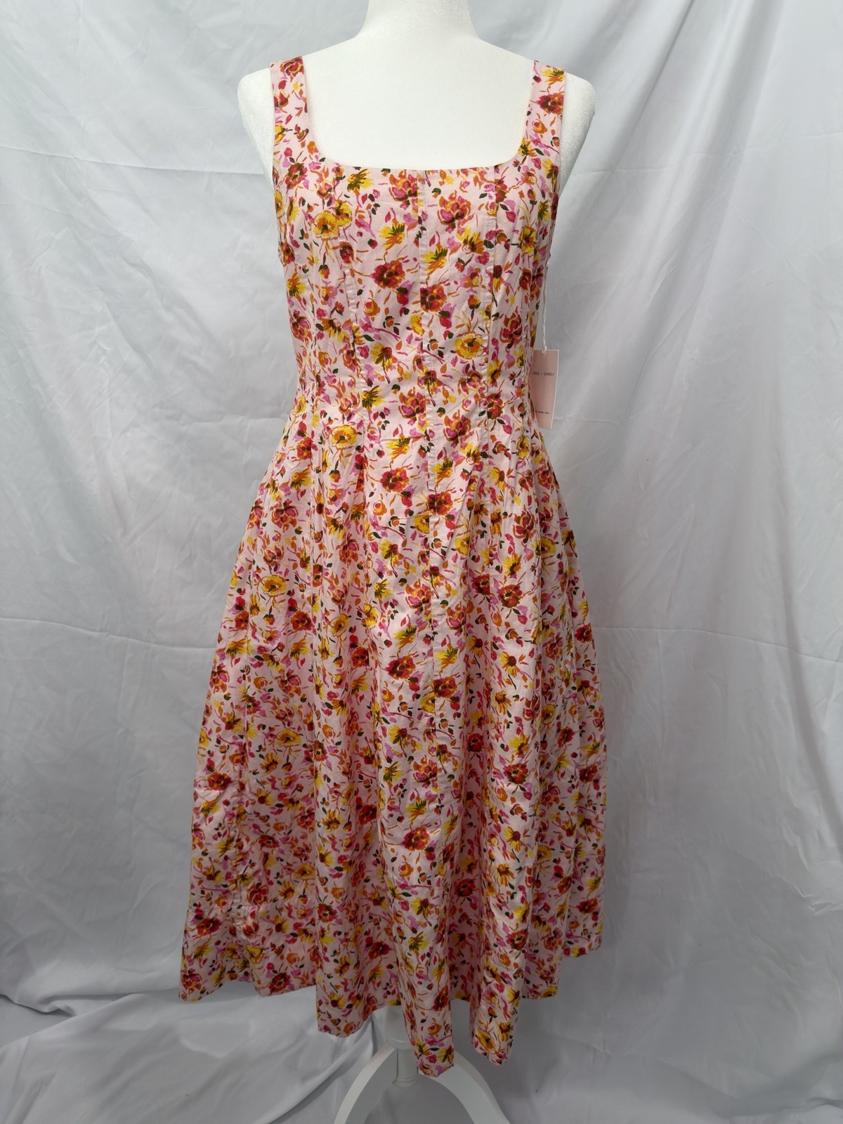 Free Assembly Pink Floral Square Neck Sleeveless Midi A-Line Cotton Lined S