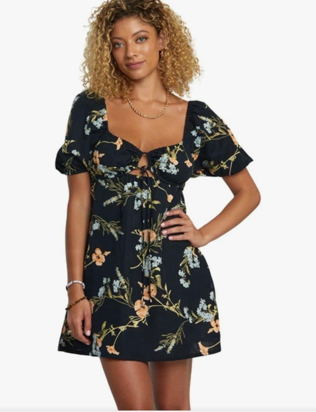 RVCA Women’s Linen Blend Floral Mini Dress XS Black Puff Sleeve Cottagecore NWT
