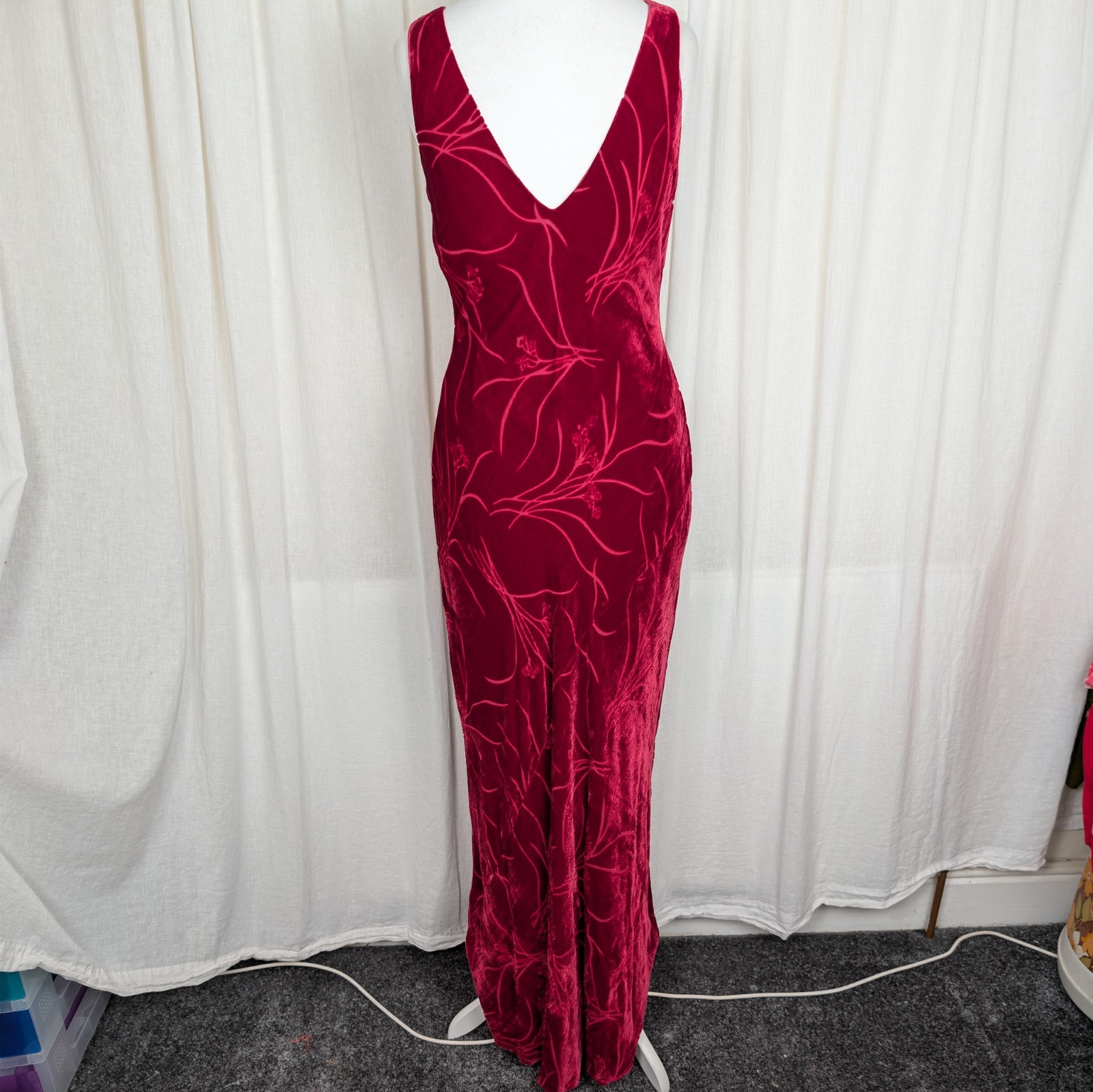 Monsoon Silk Blend Velvet Devore Bias Cut Maxi Dress Vintage Red UK 10 US 6