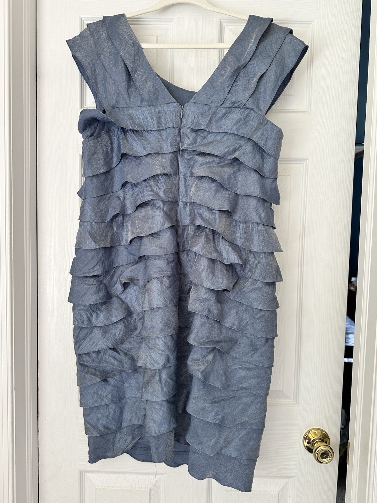 Adrianna Papell Sheath V-Neck Sleeveless Ruffle Lined Blue Knee Dress 14W