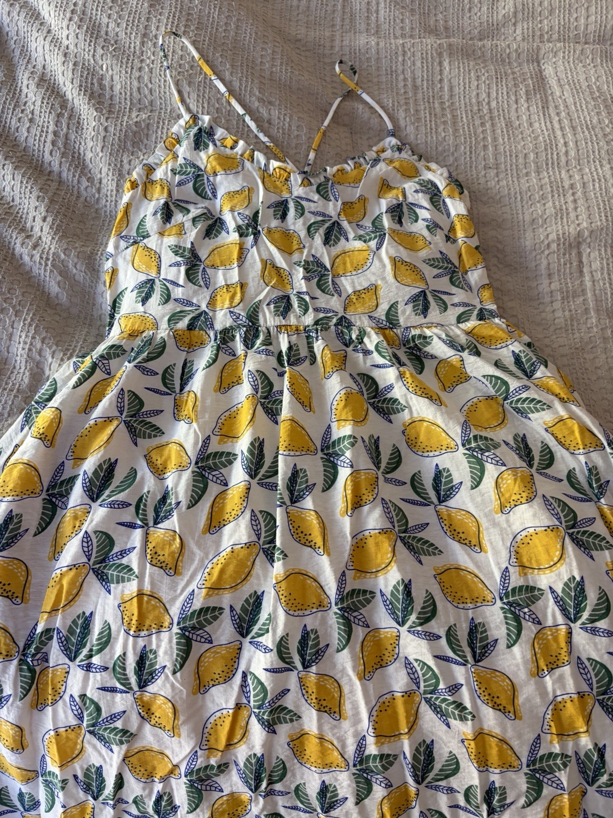 joy joy Lemon Print Strappy Sundress Short Dress S White Yellow Green