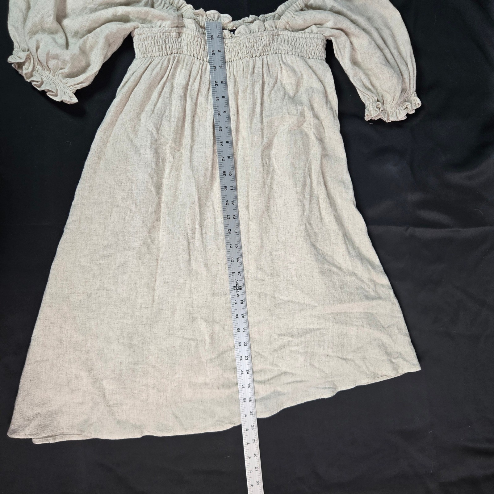 SUGAR+LIPS Off Shoulder Smocked Puff Sleeve Linen Blend Lined Dress Beige Size S