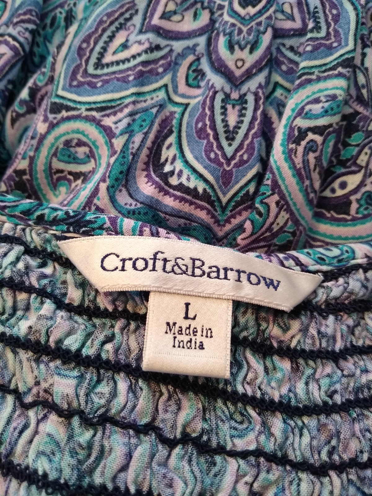 Croft & Barrow Midi Sundress L Blue Purple Paisley SmockingScoop Neck Flowy Boho