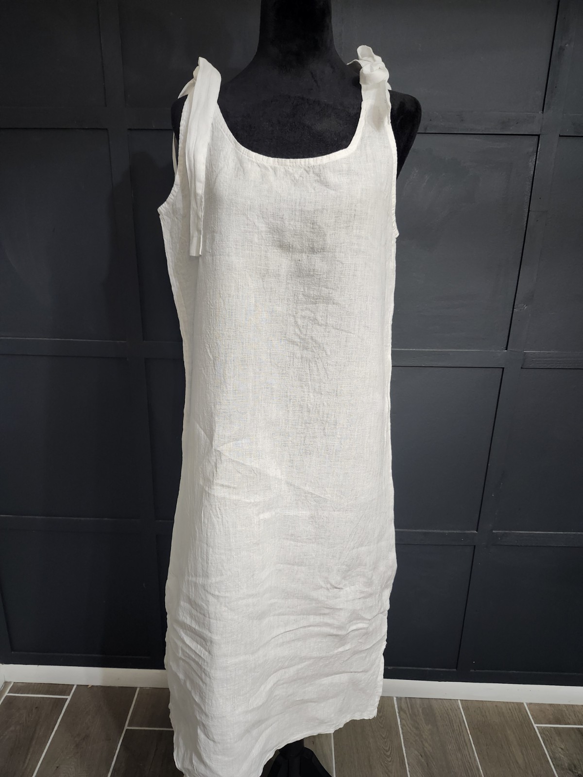 Valentina Naldi Dress 100% Linen Small Made In Italy White Long Tie Shoulders