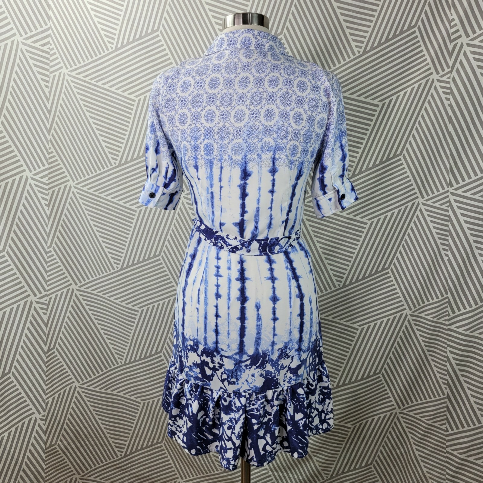Peter Som Size 4 Shirt Dress Button front career Tie-dye belted Ruffle Hem Blue