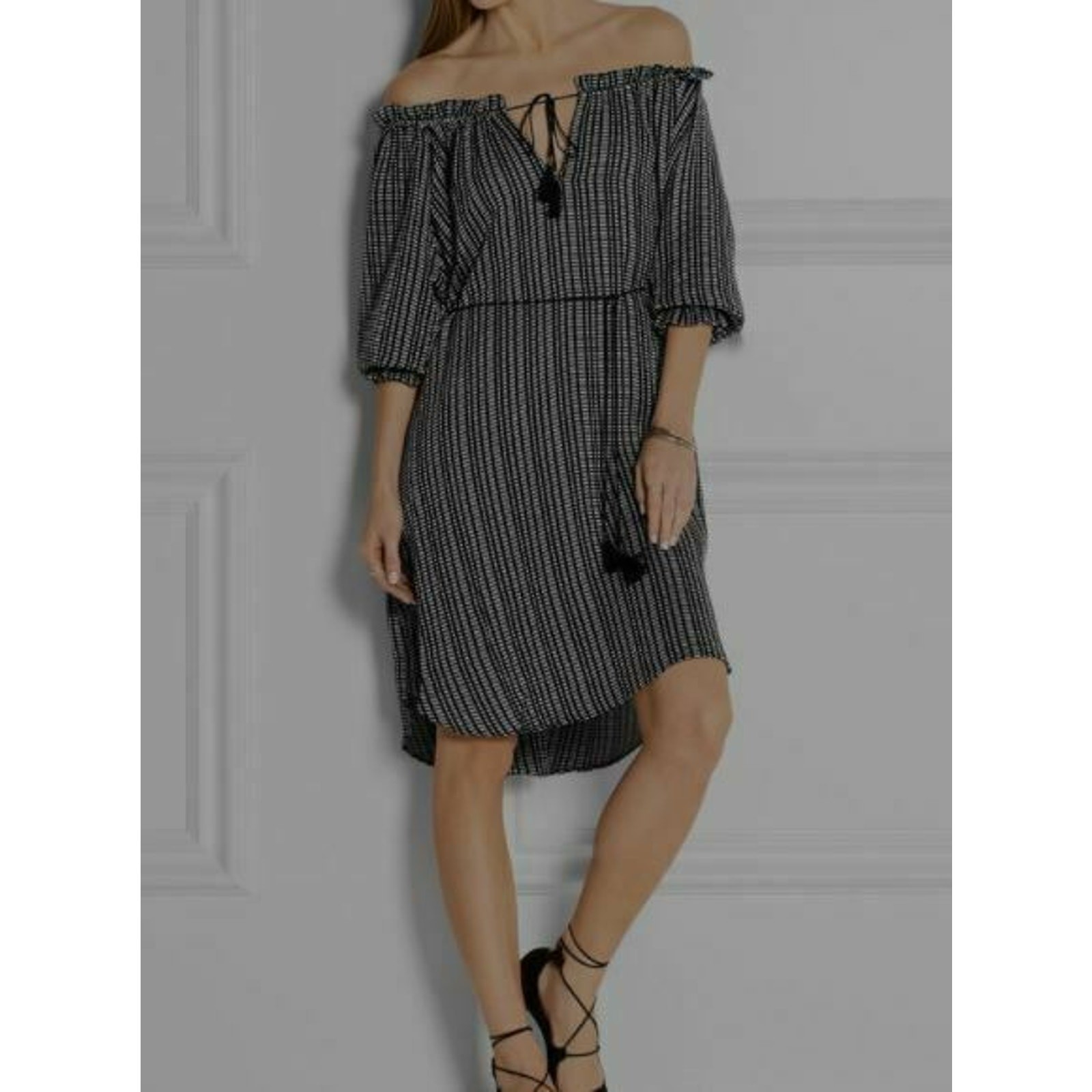 Zimmermann Pavilion Striped Dress 2 Black White Cotton Gauze Tassel Tie Women’s