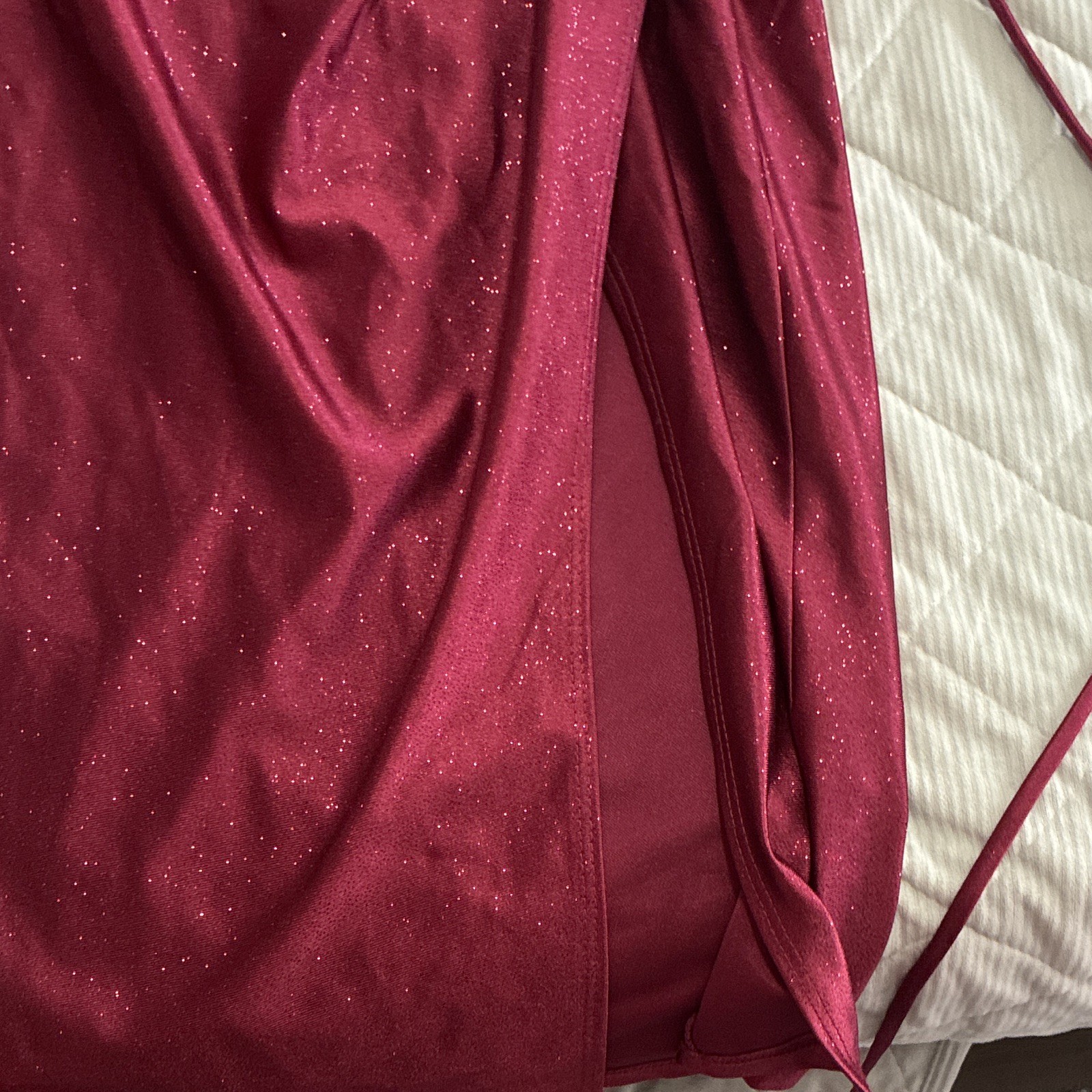 Burgundy Glitter Satin Cowl Neck Strappy Long Gown Side Slit Lined S