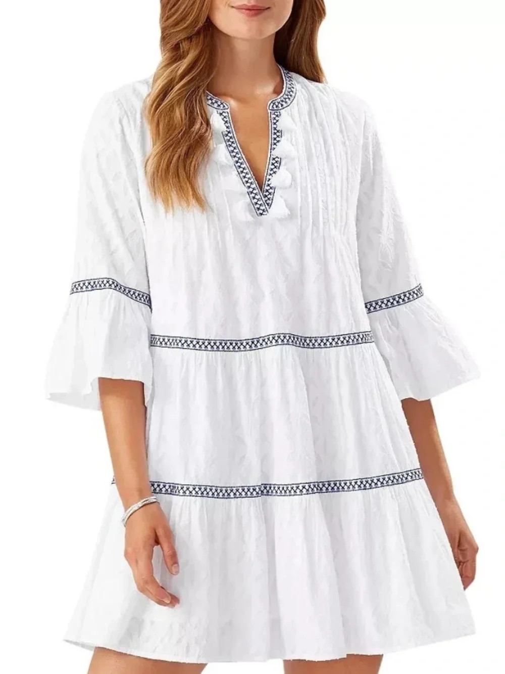 NEW Tommy Bahama Embroidered Tiered Cotton Dress White Jacquard Tasssels Lined L