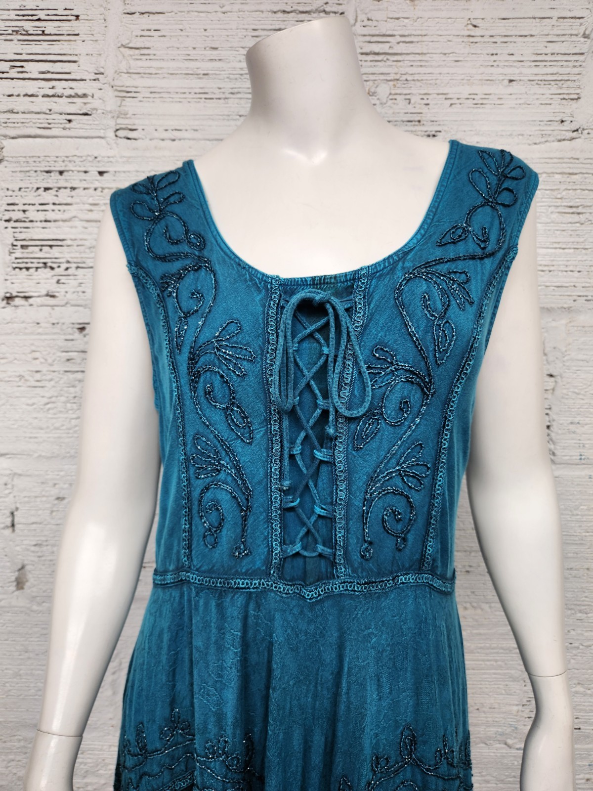 Sakkas Sundara Size S/M Embroidered Stone-wash Fairy Turquoise Summer Dress