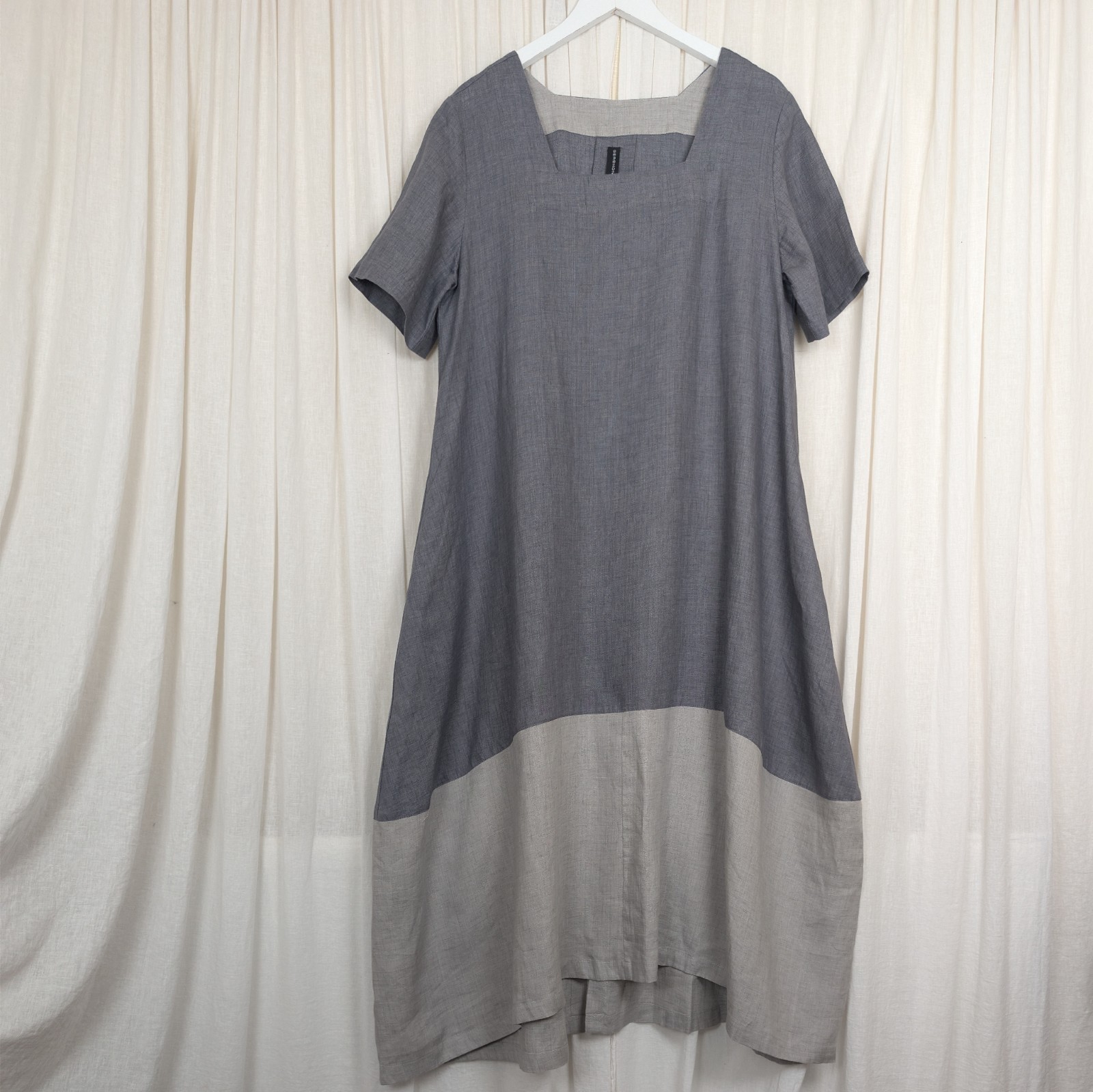 Gershon Bram 100% Linen Bubble Dress Midi Colourblock Grey Large Lagenlook