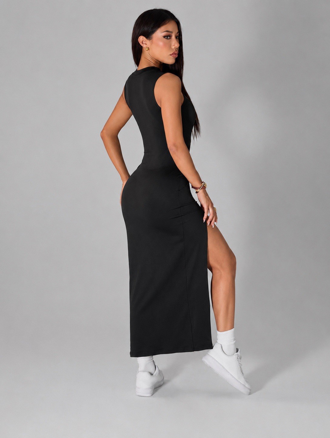 Women’s Black Solid High Neck Sleeveless Bodycon Maxi Dress Long Side Slit S