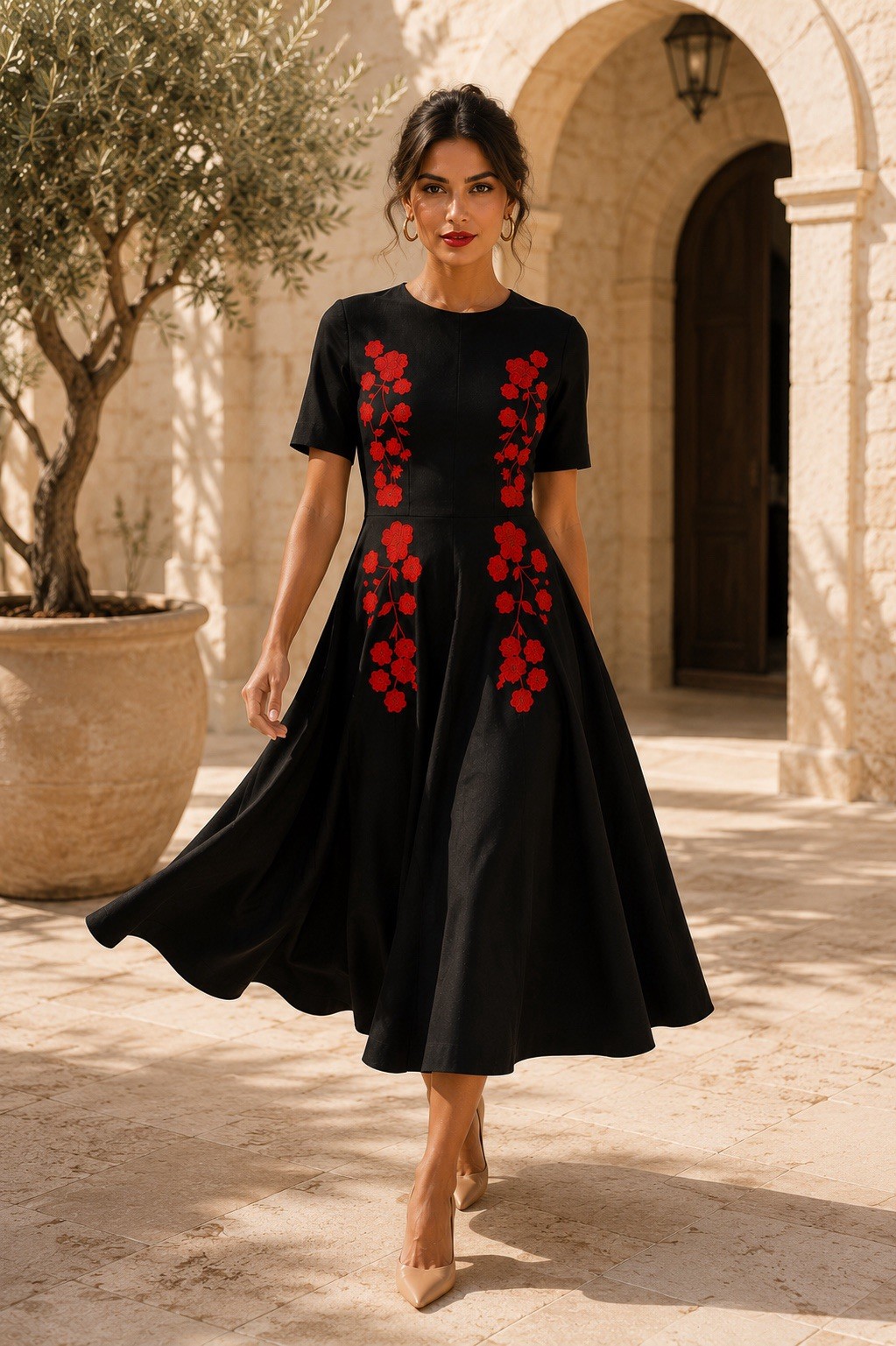 FANM MON Black Cotton Cherry Blossom Embroidery Short Sleeve Midi Dress NWT XS