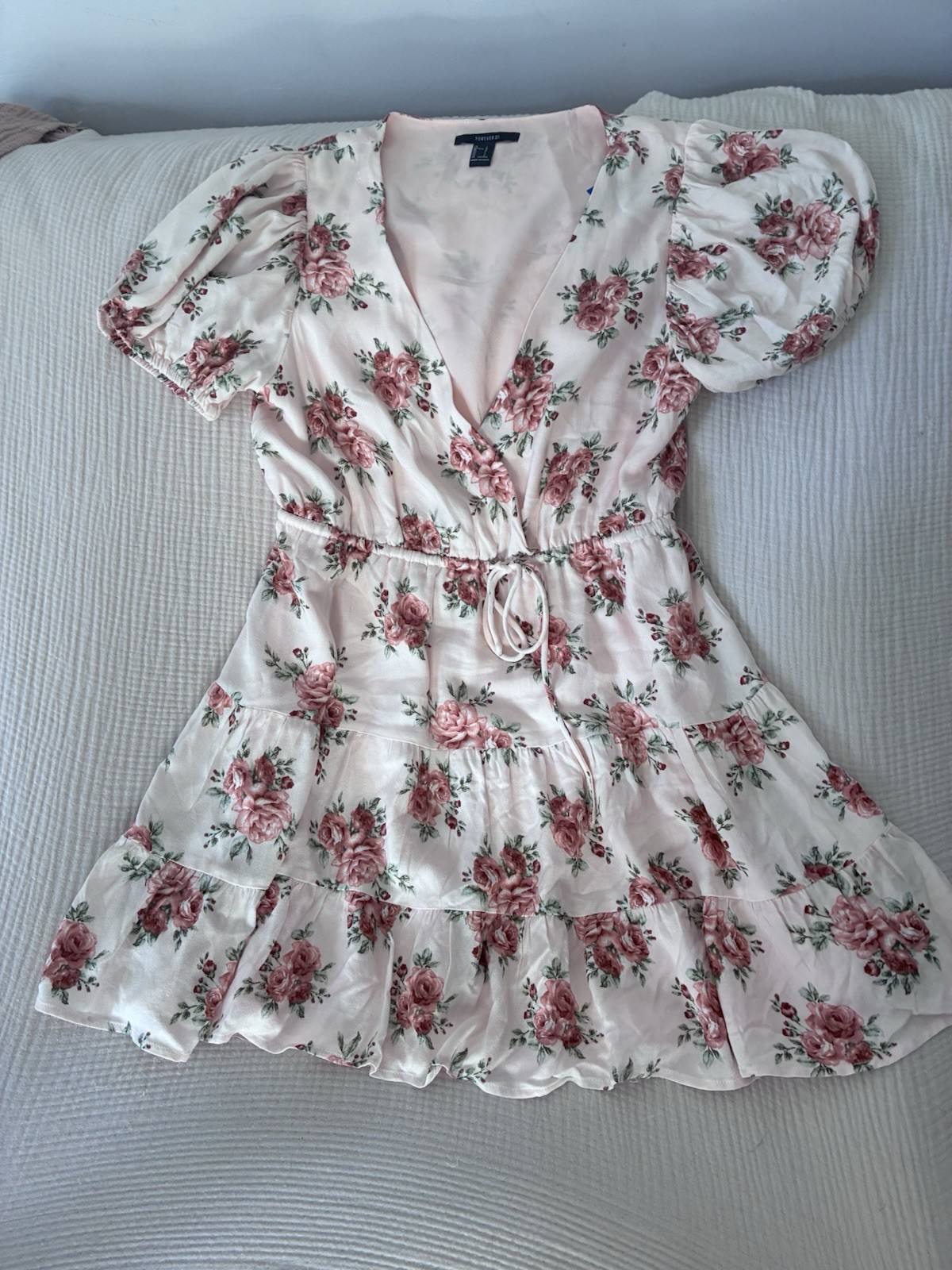 Forever 21 Floral V-Neck Puff Sleeve Tie Waist Tiered Mini Dress L