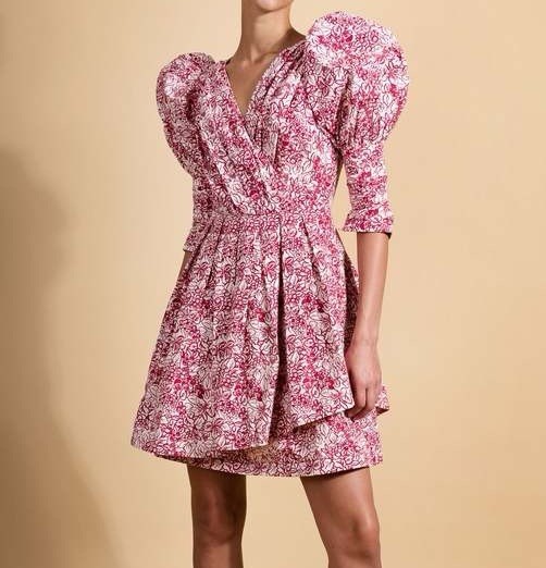 BATSHEVA Izra Dress NWT Size 2 Red White Floral Berry Cotton Puff Sleeve Pleated
