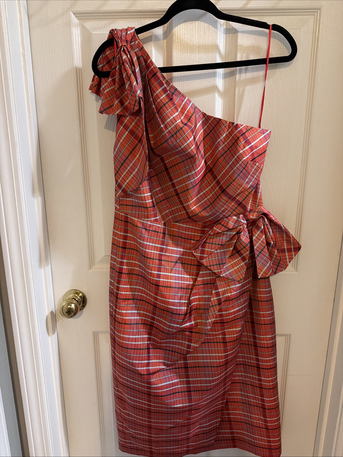 NWT J. Crew Rust Plaid One Shoulder Silk Blend Bow Detail Dress Sz 10 Easter