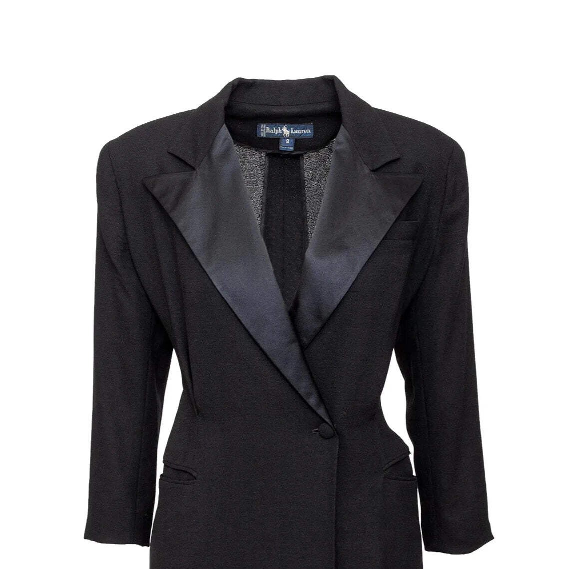 Ralph Lauren Black Wool Blazer Dress Satin Lapel 2000s Tailored Midi Dress