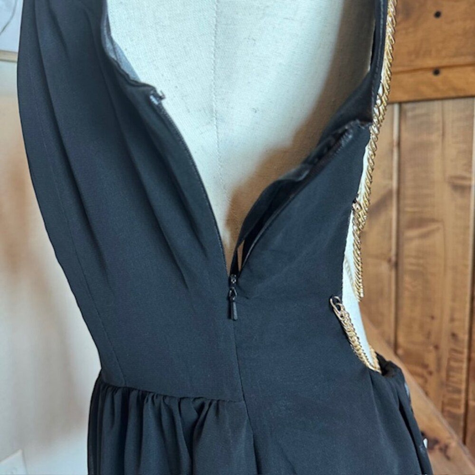 Rare London Black Chain Back Mini Dress Size 10 | Elegant Open Back with Gold Ch