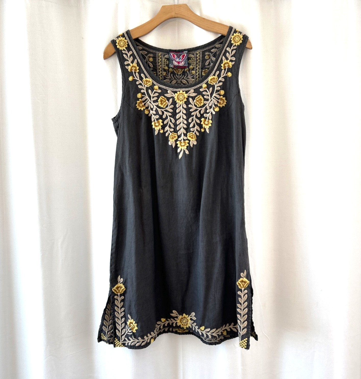 Johnny Was Embroidered Linen Tunic Dress Womens S Gray Floral Boho Sleeveless
