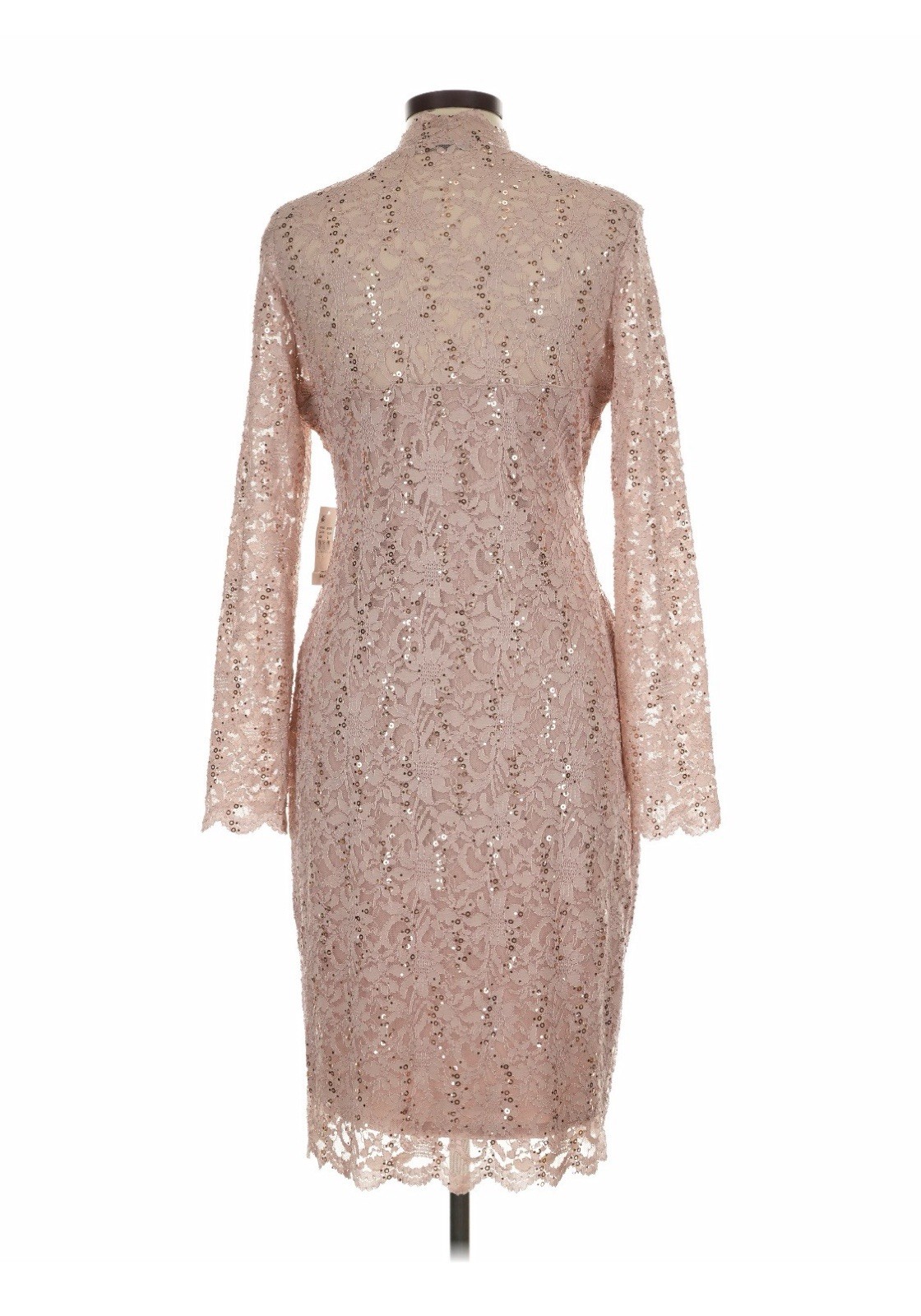 Marina L Pink/Tan Floral Lace Sequin Sheath Dress Mock Neck Long Sleeve Knee
