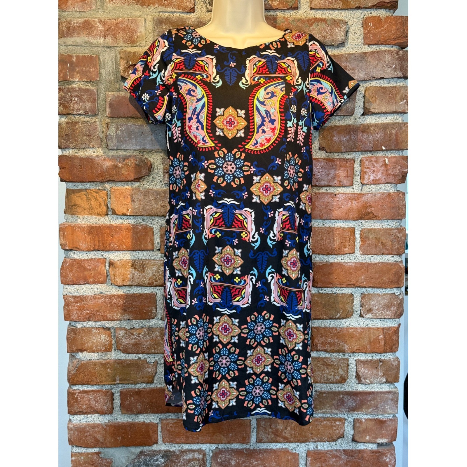 Yumi Kim Womens XS Black Multi Color Paisley Floral Dress Back Zip Short Slv