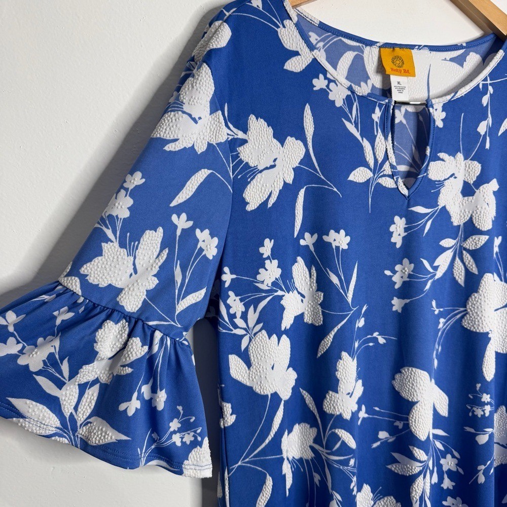NWT Ruby Rd. Blue White Floral Dress Keyhole Neck Casual Summer Semi Sheer XL