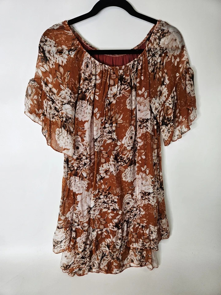 Elena Baldi Italy Floral Ruffle Dress Womens XS Off Shoulder Boho Midi Flow Soft