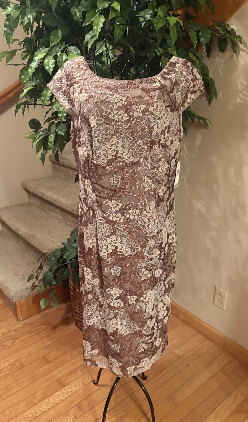 Alex Evenings Floral Sequin Embroidered Cocktail Dress Size 10 Mocha NWT $194