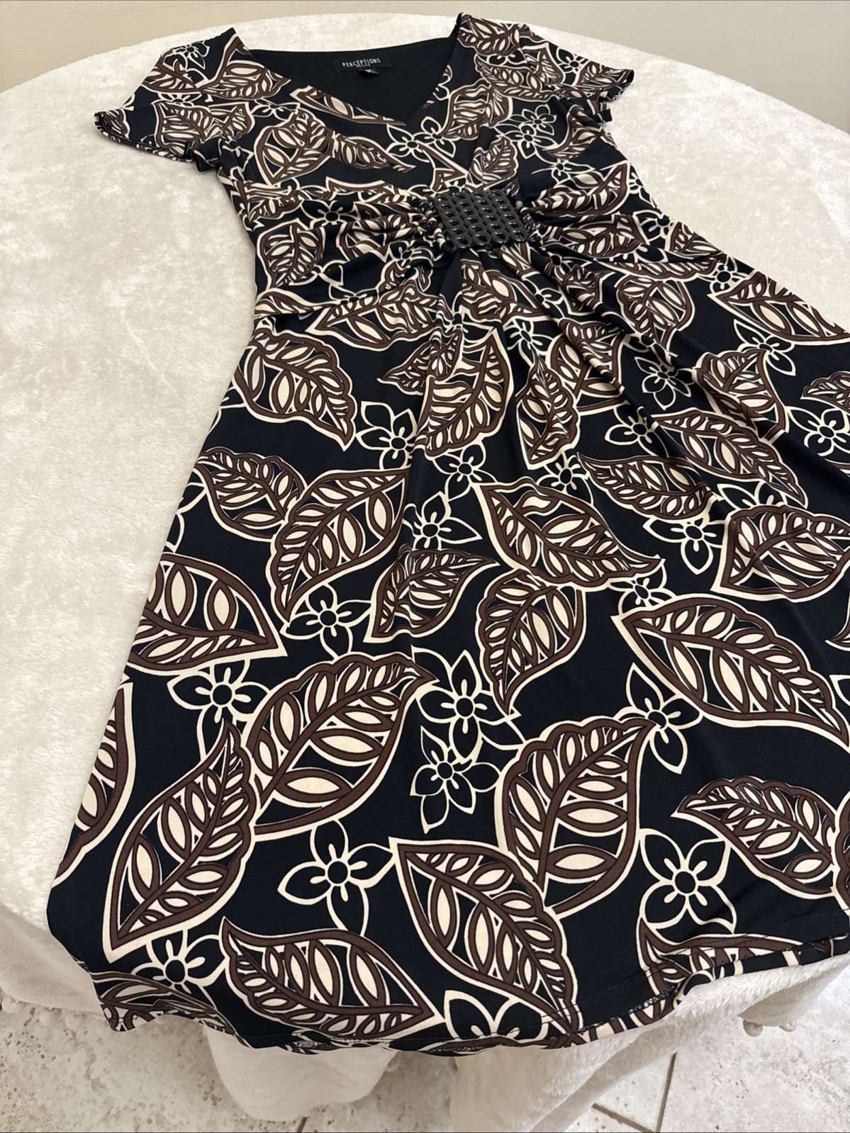 Perception Womens STRETCH Black Brown Beige Floral Fit & Flare Dress 10 Petite