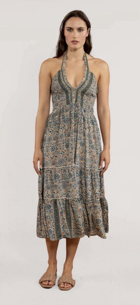 RAGA Moulika Smocked Halter Boho Midi Dress Tiered Paisley Floral Size Small NWT