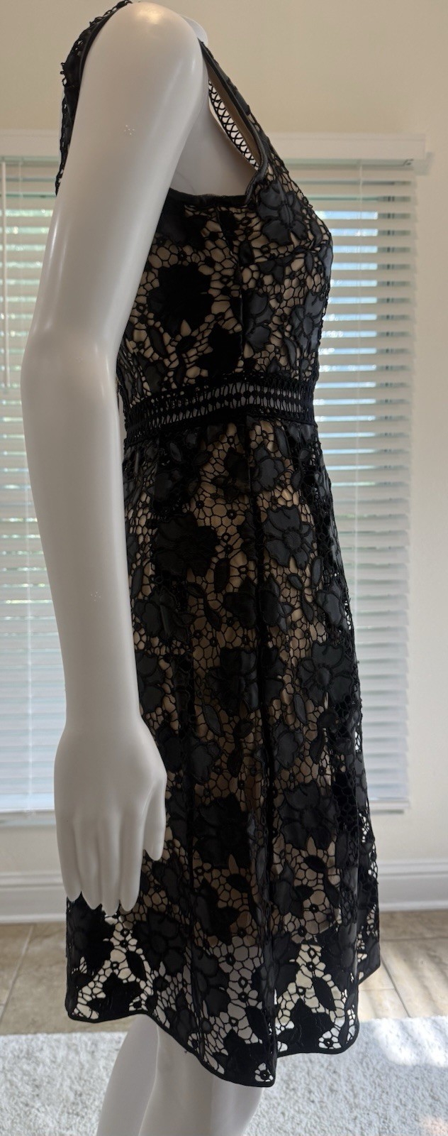 Romeo & Juliet Couture Black and Nude Floral Eyelet Lace Illusion Dress SizeS