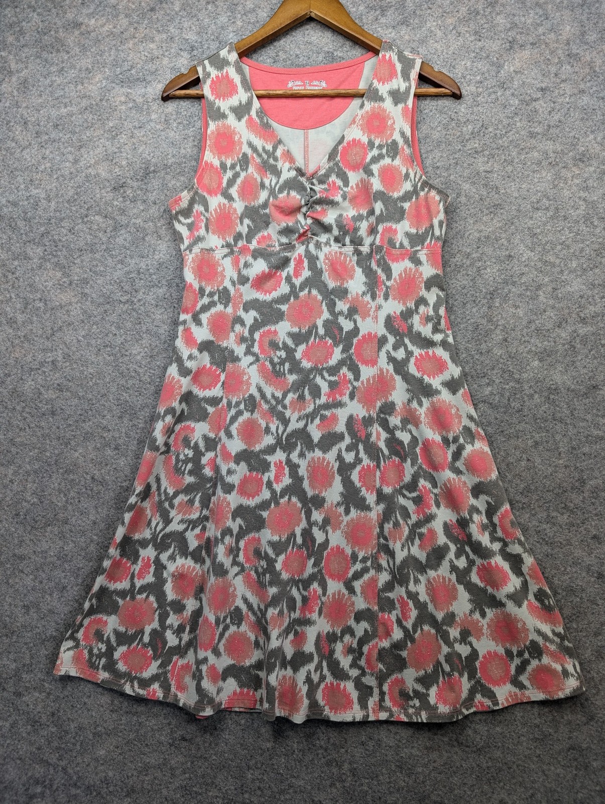 Royal Robbins Dress Women Medium Pink Gray Abstract Ruched Stretch Outdoor Beach