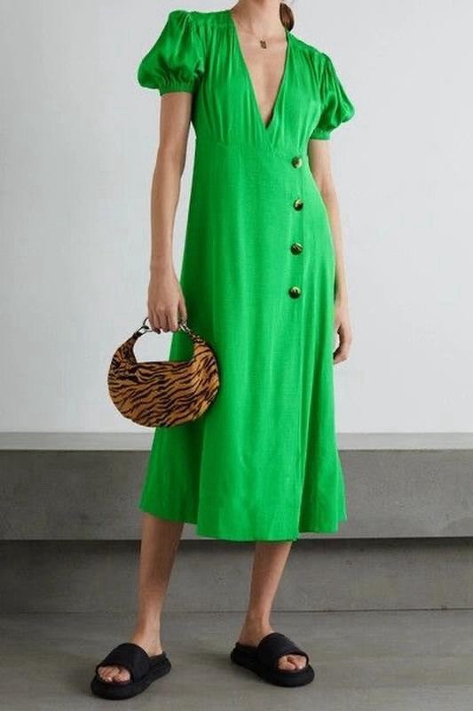GANNI Green EcoVero Viscose Midi Wrap Dress Puff Sleeve Textured EU 40 US 8 M L