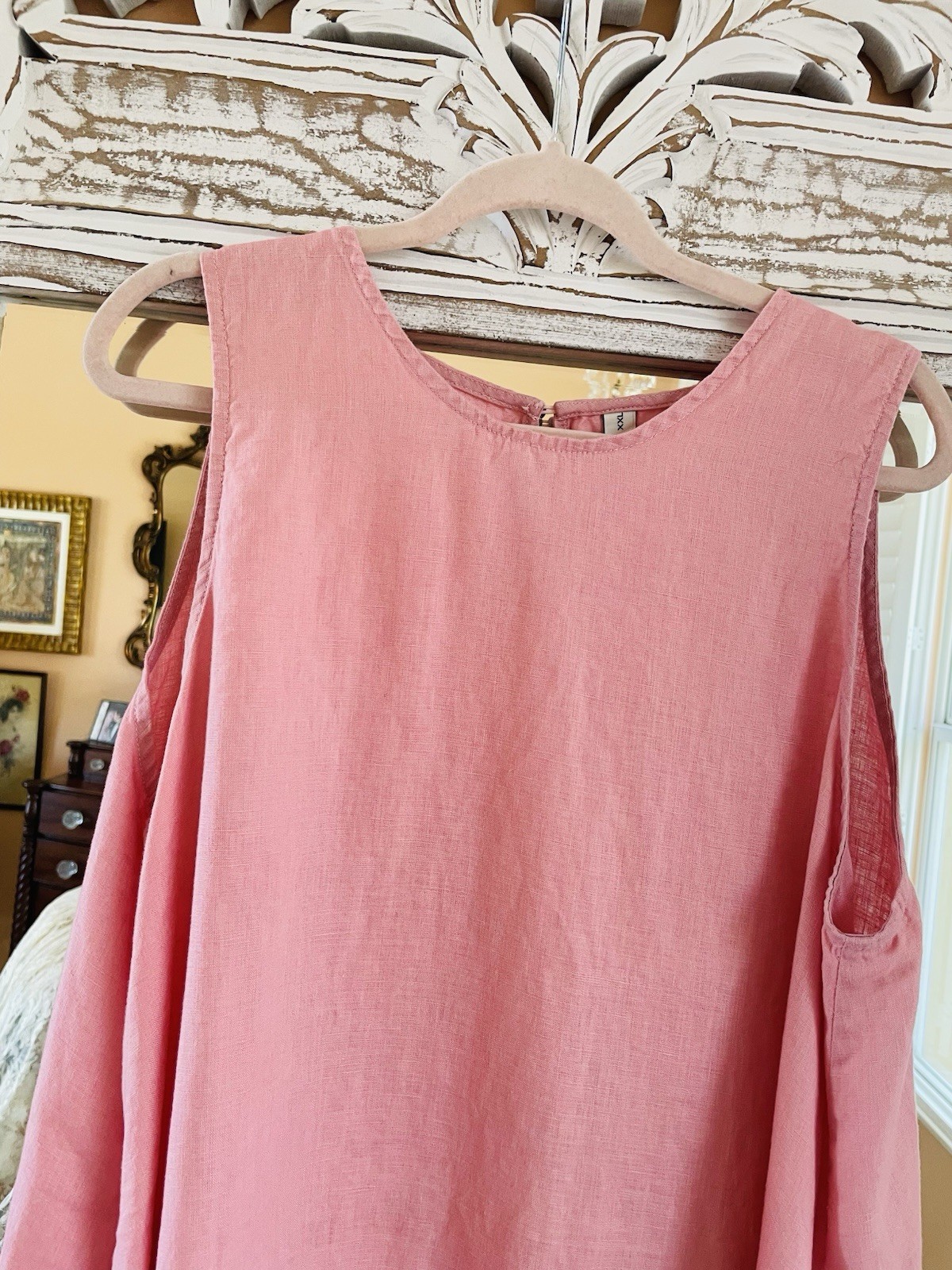 100% Linen Pink Sleeveless Side pockets High Low Casual Dress. X/L – XXL