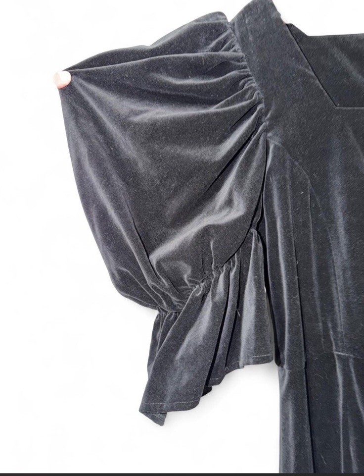 Mary Benson Black Velvet A-Line Maxi Dress Puff Sleeve Square Neck Ruffle
