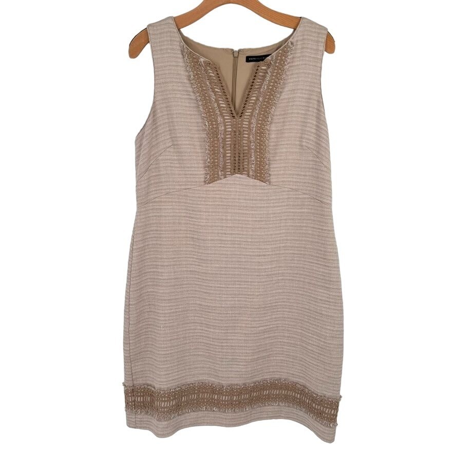 White House Black Market dress linen Womens embellished fringe beige size 14