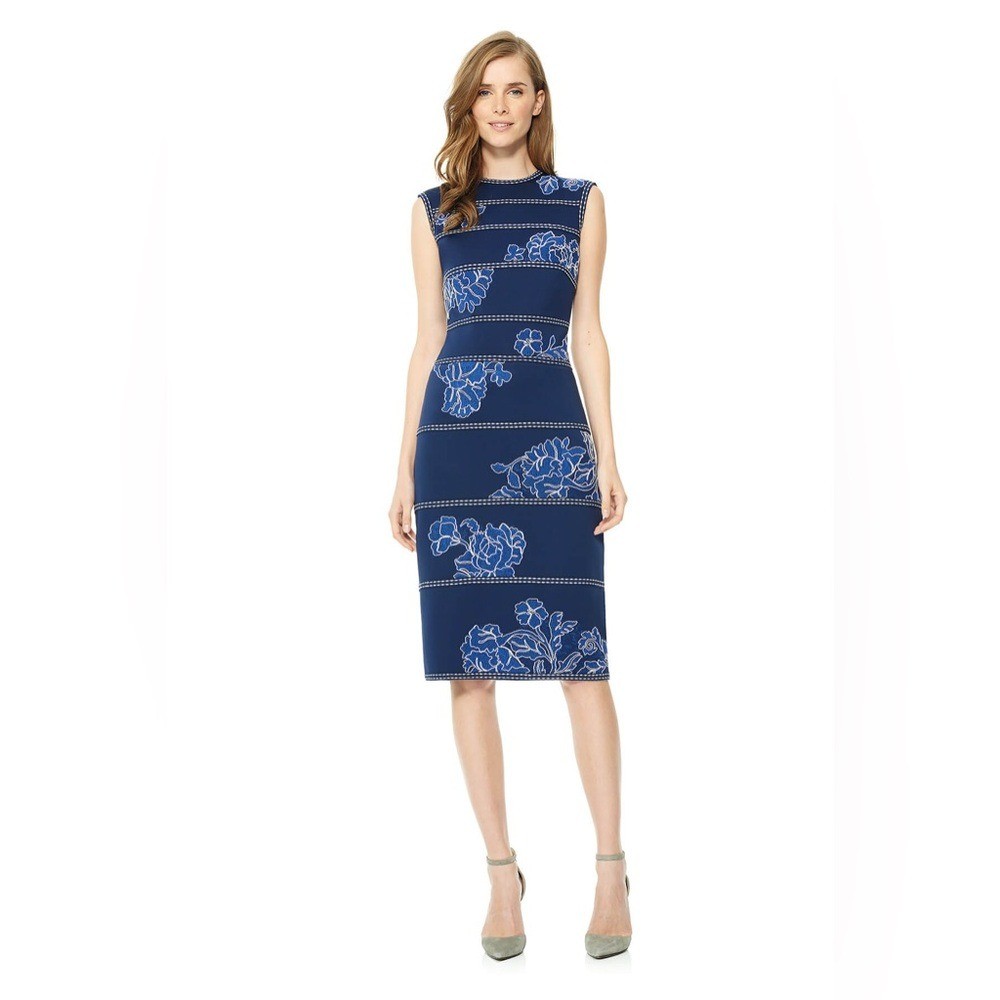 Tadashi Shoji Kitami Embroidered Sleeveless Shift Dress in blue neoprene Size S