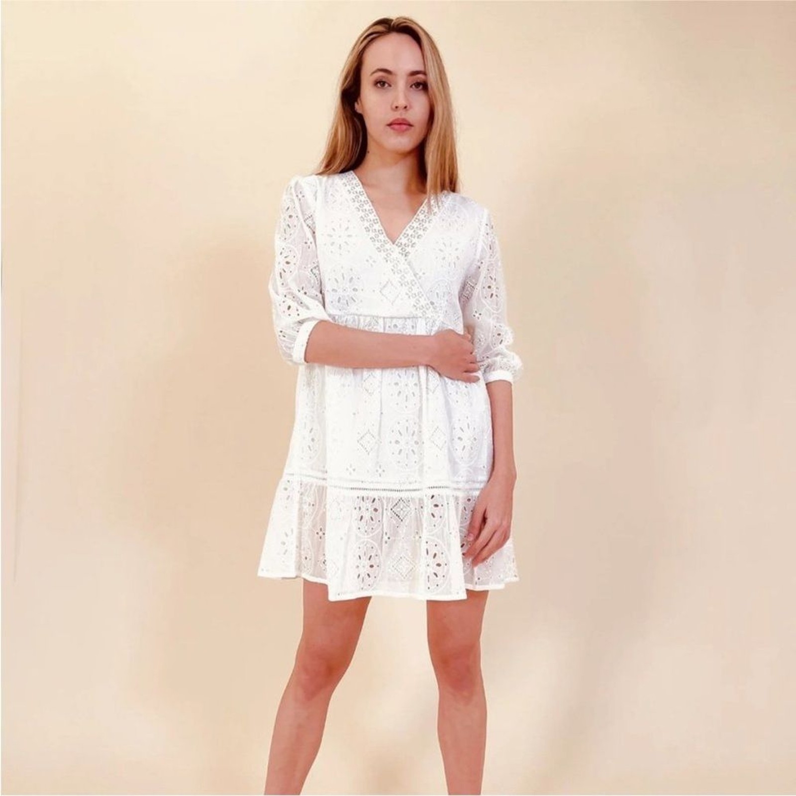 Debbie Katz South Beach Bree Eyelet Swim Coverup White 3/4 Sleeve Dress XL