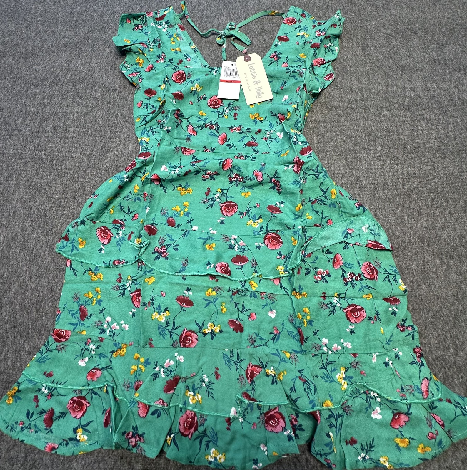 Lottie & Holly Dress Womens XS Green Floral Ruffle Boho Mini Summer Romantic New